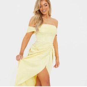 Lemon Satin Bardot midi dress